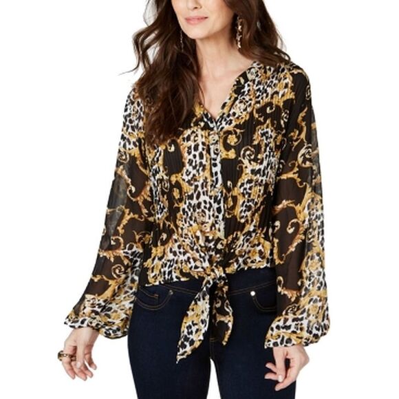 Thalia Sodi Pleated Illusion Tie-Front Blouse Animal Status M - Picture 1 of 1